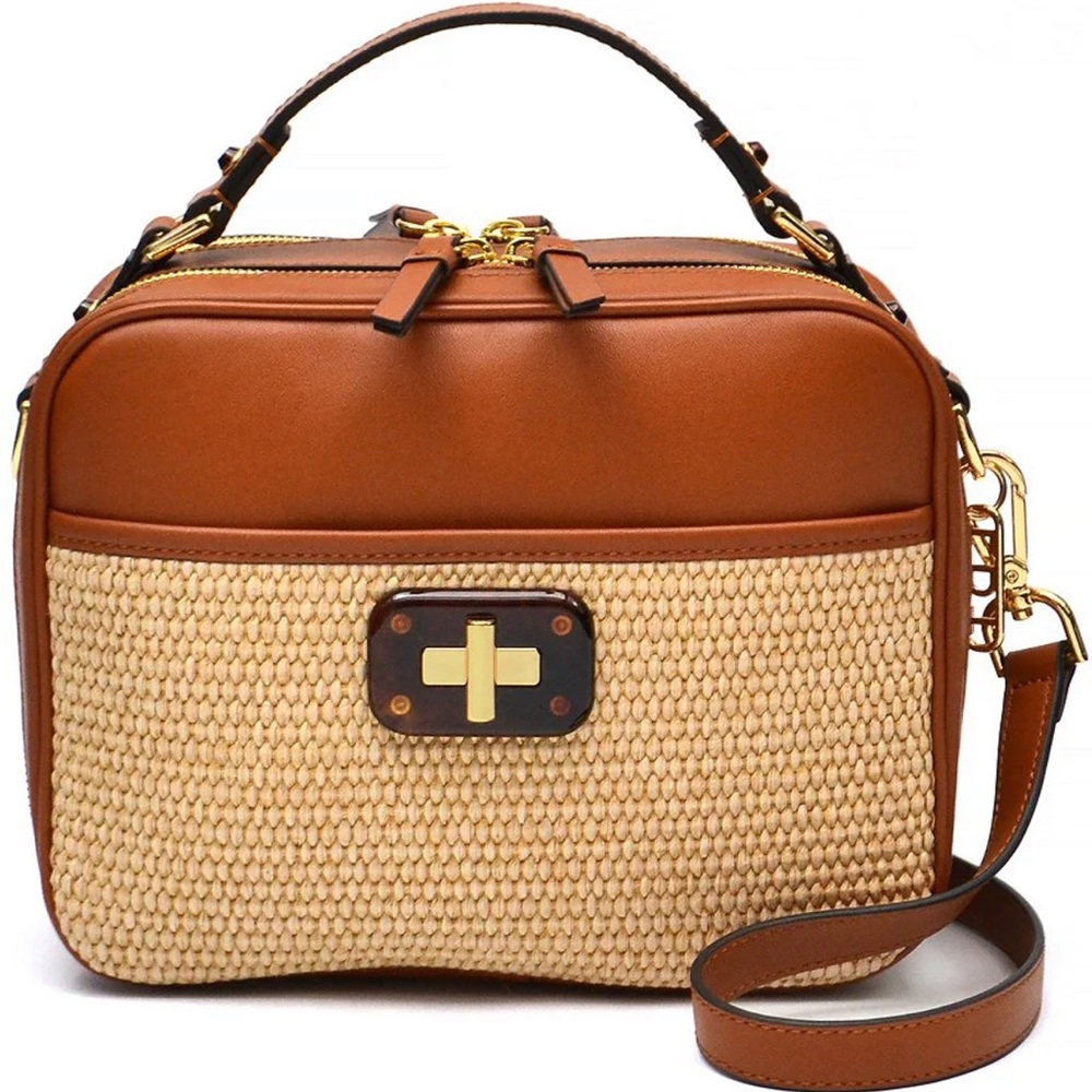 NWT LDT
Jill Vintage Straw and Leather Panel Lunch Box Crossbody Bag